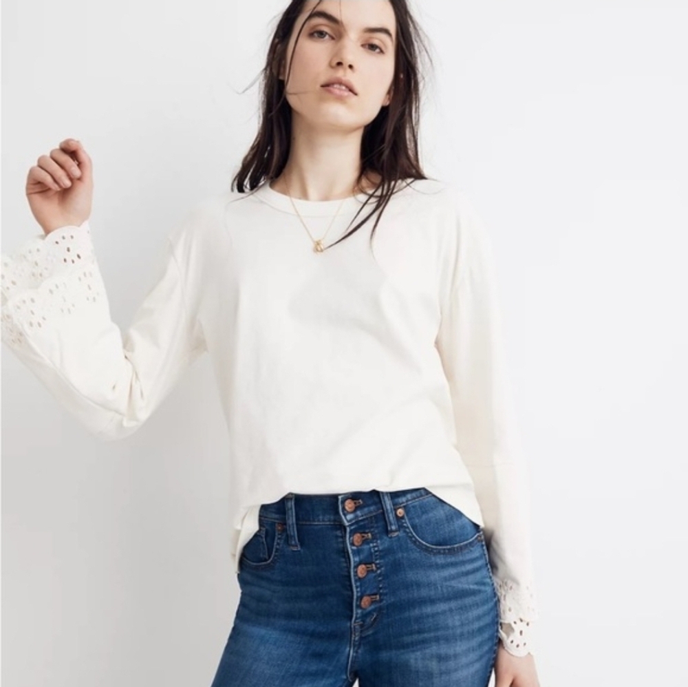 Madewell Cream Long Sleeve Tee with Eyelet Cuffs